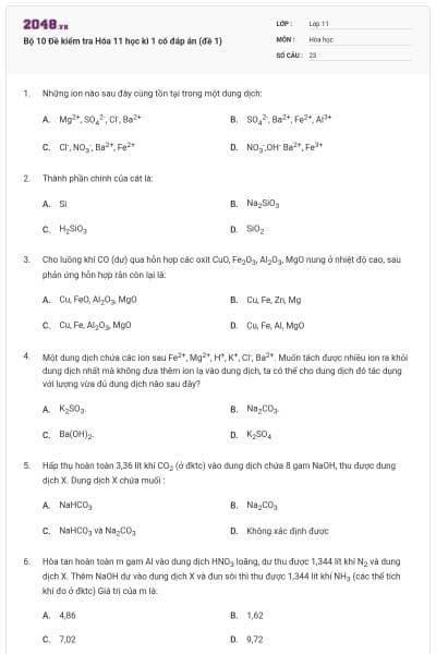 Bộ 10 Đề kiểm tra Hóa 11 học kì 1 có đáp án (đề 1)