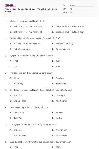 Trắc nghiệm : Truyện Kiều - Phần 1: Tác giả Nguyễn Du có đáp án