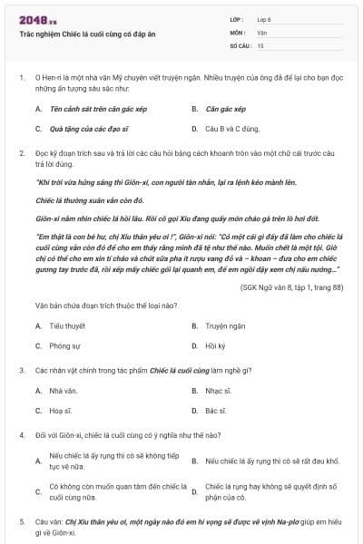 Trắc nghiệm Chiếc lá cuối cùng có đáp án