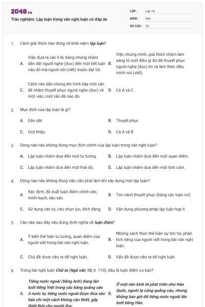 Trắc nghiệm: Lập luận trong văn nghị luận có đáp án