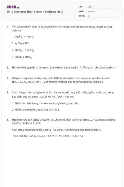Bộ 10 Đề kiểm tra Hóa 11 học kì 1 có đáp án (đề 2)