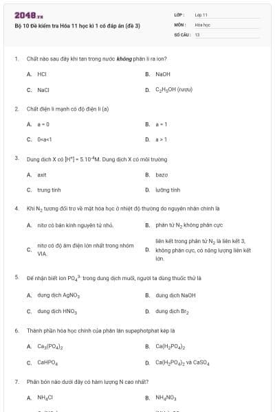 Bộ 10 Đề kiểm tra Hóa 11 học kì 1 có đáp án (đề 3)