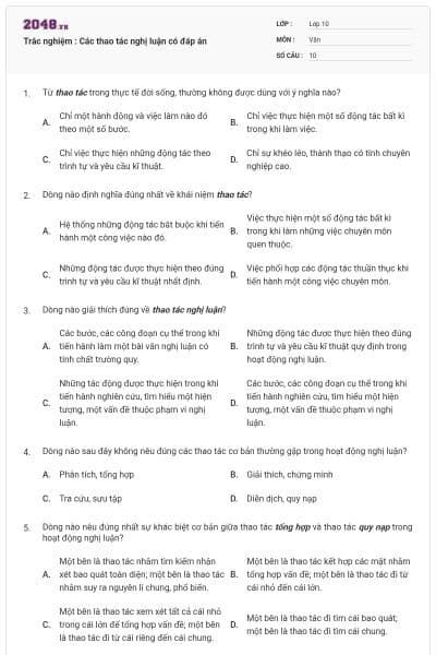 Trắc nghiệm : Các thao tác nghị luận có đáp án