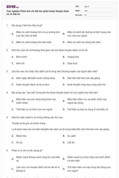 Trắc nghiệm Phân tích chi tiết tác phẩm Đoàn thuyền đánh cá có đáp án