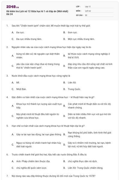 Đề kiểm tra Lịch sử 12 Giữa học kì 1 có đáp án (Mới nhất) Đề 24
