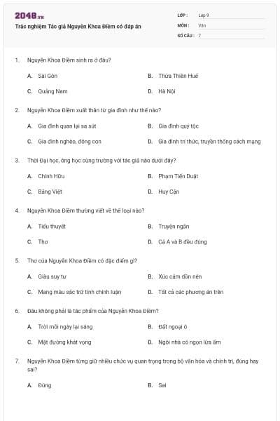 Trắc nghiệm Tác giả Nguyễn Khoa Điềm có đáp án