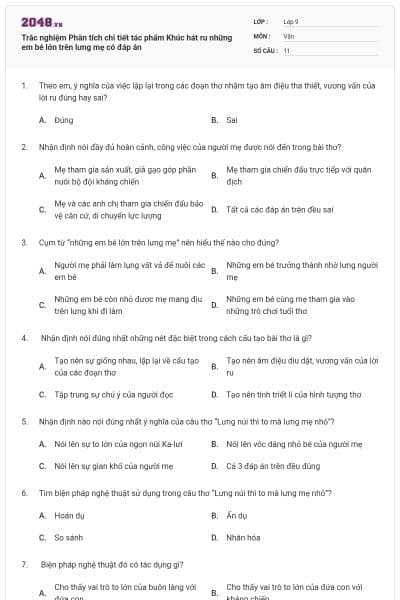 Trắc nghiệm Phân tích chi tiết tác phẩm Khúc hát ru những em bé lớn trên lưng mẹ có đáp án