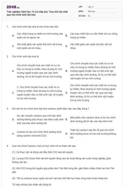 Trắc nghiệm Sinh hoc 12 (có đáp án): Trao đổi vật chất qua chu trình sinh địa hóa
