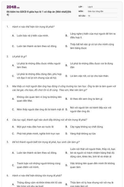 Đề kiểm tra GDCD 8 giữa học kì 1 có đáp án (Mới nhất)(Đề 4)