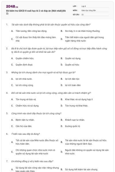 Đề kiểm tra GDCD 8 cuối học kì 2 có đáp án (Mới nhất)(Đề 2)