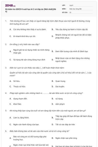 Đề kiểm tra GDCD 8 cuối học kì 2 có đáp án (Mới nhất)(Đề 4)