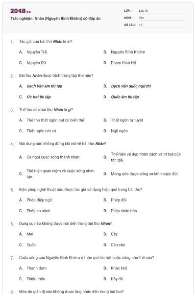 Trắc nghiệm: Nhàn (Nguyễn Bỉnh Khiêm) có đáp án