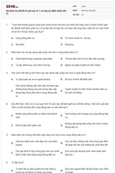Đề kiểm tra GDCD 8 cuối học kì 1 có đáp án (Mới nhất) (Đề 2)