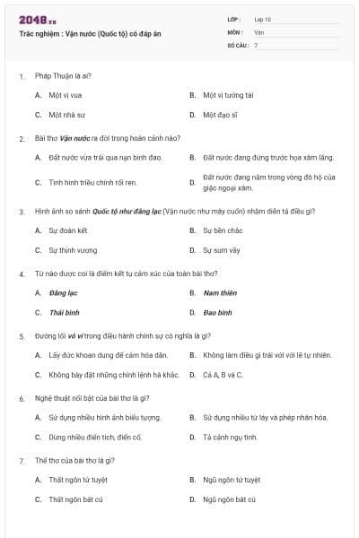 Trắc nghiệm : Vận nước (Quốc tộ) có đáp án