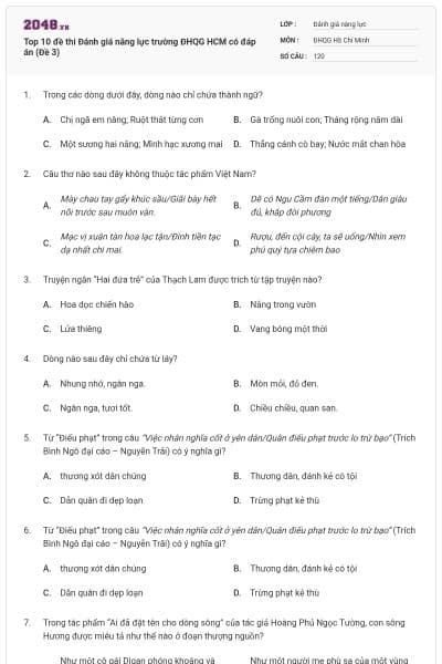 Top 10 đề thi Đánh giá năng lực trường ĐHQG HCM có đáp án (Đề 3)