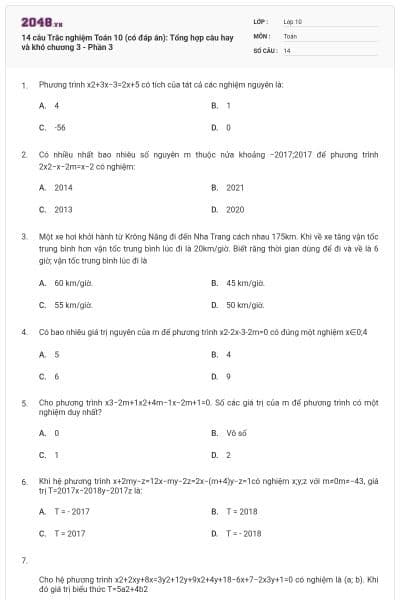 14 câu Trắc nghiệm Toán 10 (có đáp án): Tổng hợp câu hay và khó chương 3 - Phần 3