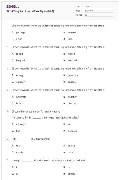 Đề thi Tiếng Anh 9 Học kì 2 có đáp án (Đề 3)