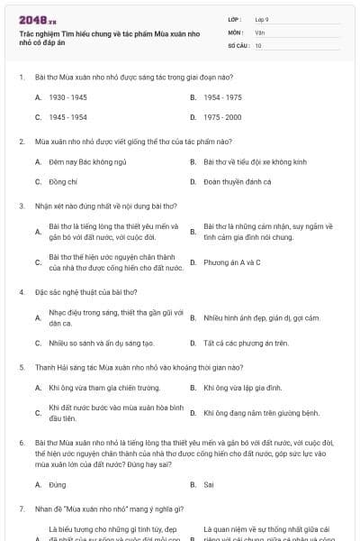 Trắc nghiệm Tìm hiểu chung về tác phẩm Mùa xuân nho nhỏ có đáp án