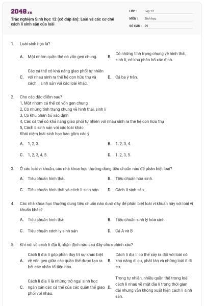 Trắc nghiệm Sinh học 12 (có đáp án): Loài và các cơ chế cách li sinh sản của loài