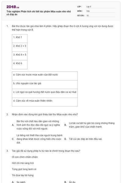 Trắc nghiệm Phân tích chi tiết tác phẩm Mùa xuân nho nhỏ có đáp án