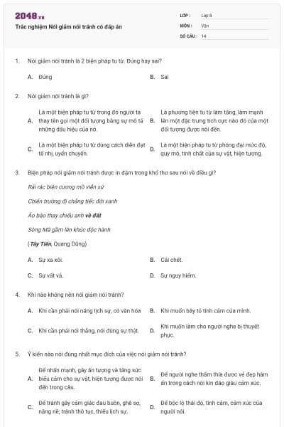 Trắc nghiệm Nói giảm nói tránh có đáp án