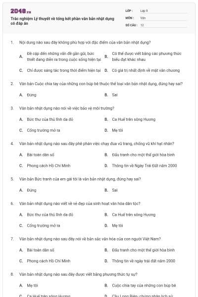 Trắc nghiệm Lý thuyết về tổng kết phần văn bản nhật dụng có đáp án