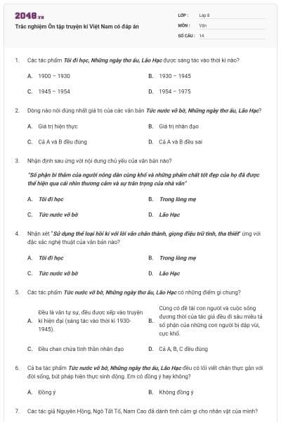 Trắc nghiệm Ôn tập truyện kí Việt Nam có đáp án