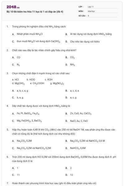 Bộ 10 Đề kiểm tra Hóa 11 học kì 1 có đáp án (đề 4)