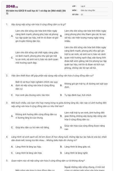 Đề kiểm tra GDCD 8 cuối học kì 1 có đáp án (Mới nhất) (Đề 3)