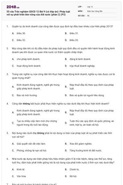 55 câu Trắc nghiệm GDCD 12 Bài 9 (có đáp án): Pháp luật với sự phát triển bền vững của đất nước (phần 2) (P2)