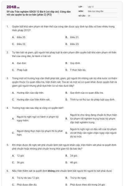 59 câu Trắc nghiệm GDCD 12 Bài 6 (có đáp án): Công dân với các quyền tự do cơ bản (phần 2) (P2)