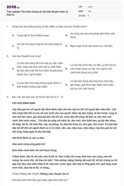 Trắc nghiệm Tìm hiểu chung về văn bản thuyết minh có đáp án