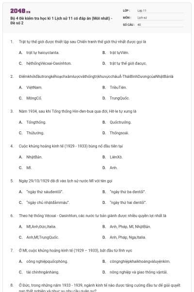 Bộ 4 Đề kiểm tra học kì 1 Lịch sử 11 có đáp án (Mới nhất) - Đề số 2