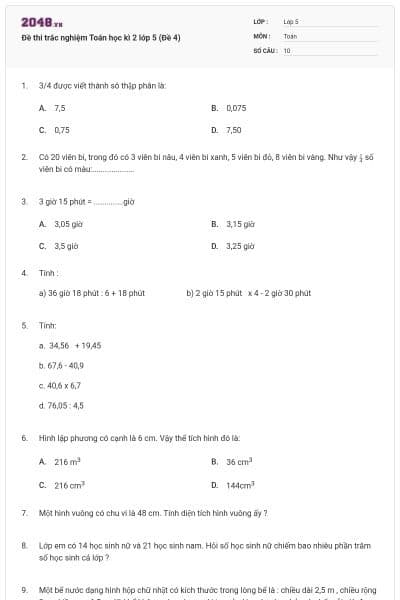 Đề thi trắc nghiệm Toán học kì 2 lớp 5 (Đề 4)