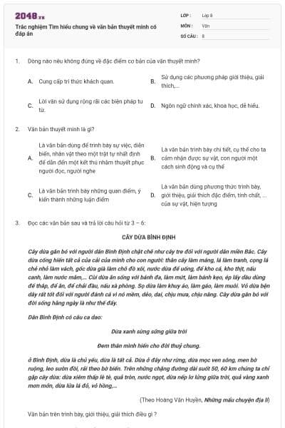 Trắc nghiệm Tìm hiểu chung về văn bản thuyết minh có đáp án