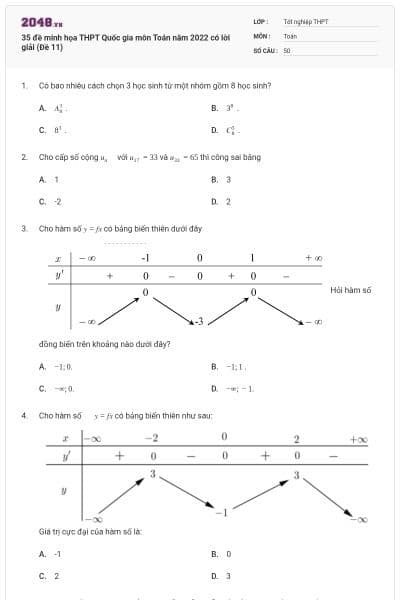 35 đề minh họa THPT Quốc gia môn Toán năm 2022 có lời giải (Đề 11)