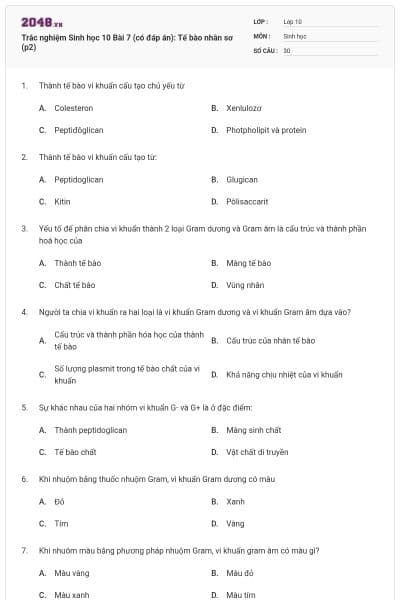 Trắc nghiệm Sinh học 10 Bài 7 (có đáp án): Tế bào nhân sơ (p2)