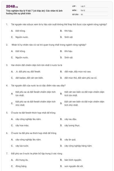 Trắc nghiệm Địa lý 9 bài 7 (có đáp án): Các nhân tố ảnh hưởng đến sự phát triển
