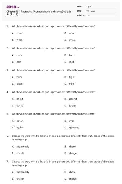 Chuyên đề 1 Phonetics (Pronnunciation and stress) có đáp án (Part 1)