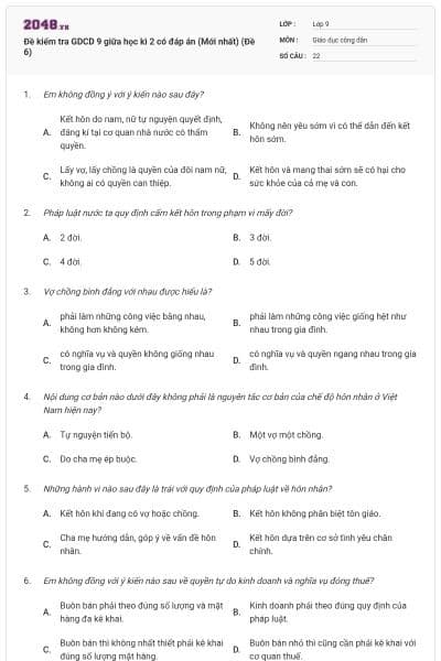 Đề kiểm tra GDCD 9 giữa học kì 2 có đáp án (Mới nhất) (Đề 6)