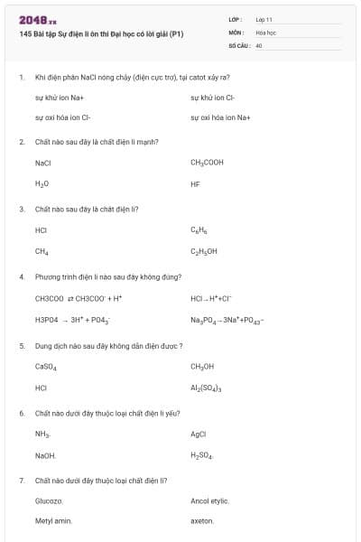 145 Bài tập Sự điện li ôn thi Đại học có lời giải (P1)