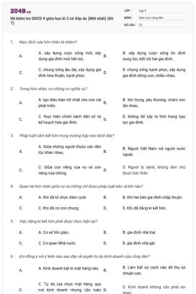 Đề kiểm tra GDCD 9 giữa học kì 2 có đáp án (Mới nhất) (Đề 7)
