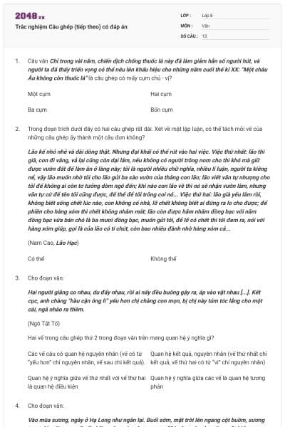 Trắc nghiệm Câu ghép (tiếp theo) có đáp án