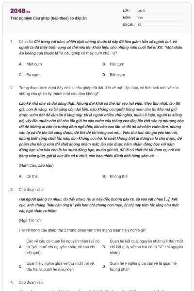 Trắc nghiệm Câu ghép (tiếp theo) có đáp án