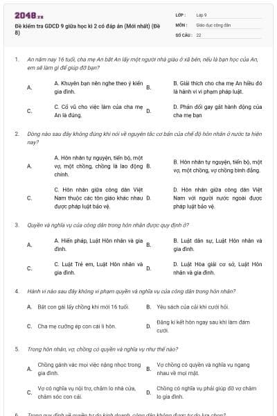 Đề kiểm tra GDCD 9 giữa học kì 2 có đáp án (Mới nhất) (Đề 8)