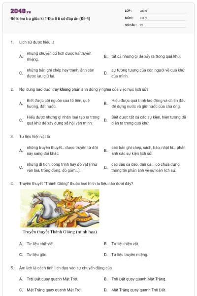 Đề kiểm tra giữa kì 1 Địa lí 6 có đáp án (Đề 4)