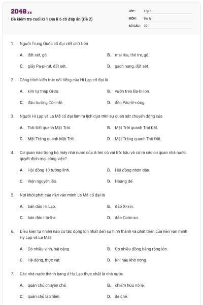 Đề kiểm tra cuối kì 1 Địa lí 6 có đáp án (Đề 2)