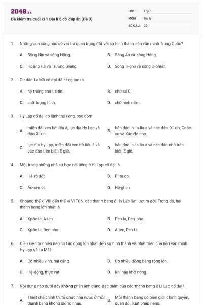 Đề kiểm tra cuối kì 1 Địa lí 6 có đáp án (Đề 3)