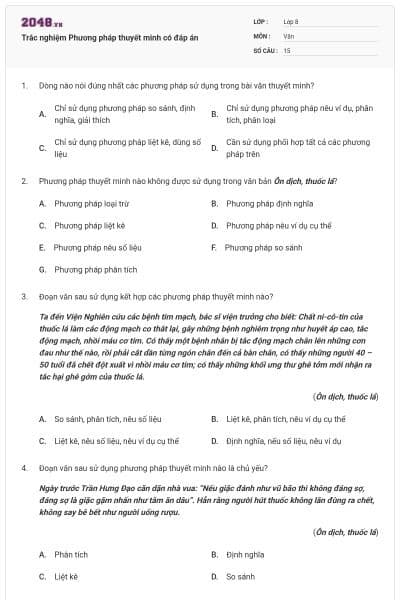 Trắc nghiệm Phương pháp thuyết minh có đáp án