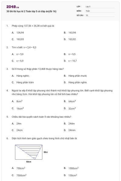 30 Đề thi học kì 2 Toán lớp 5 có đáp án(đề 16)